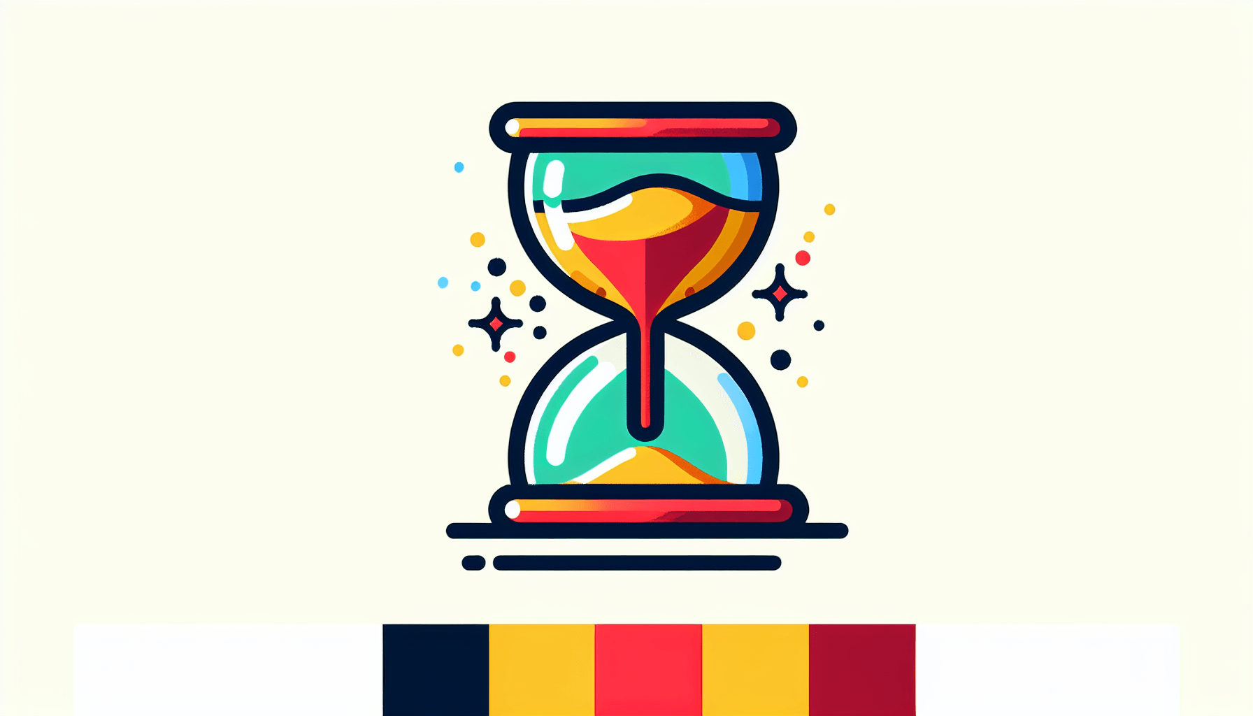 Hourglass in flat illustration style and white background, red #f47574, green #88c7a8, yellow #fcc44b, and blue #645bc8 colors.