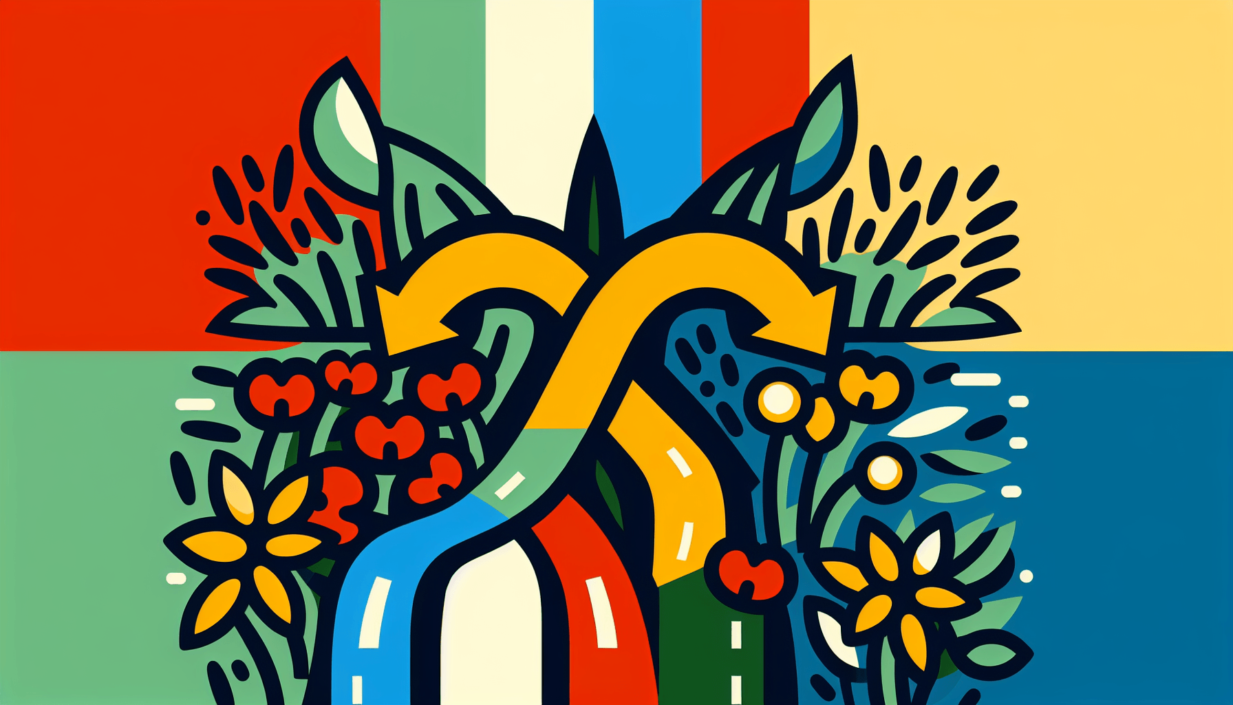 Forked path in flat illustration style and white background, red #f47574, green #88c7a8, yellow #fcc44b, and blue #645bc8 colors.