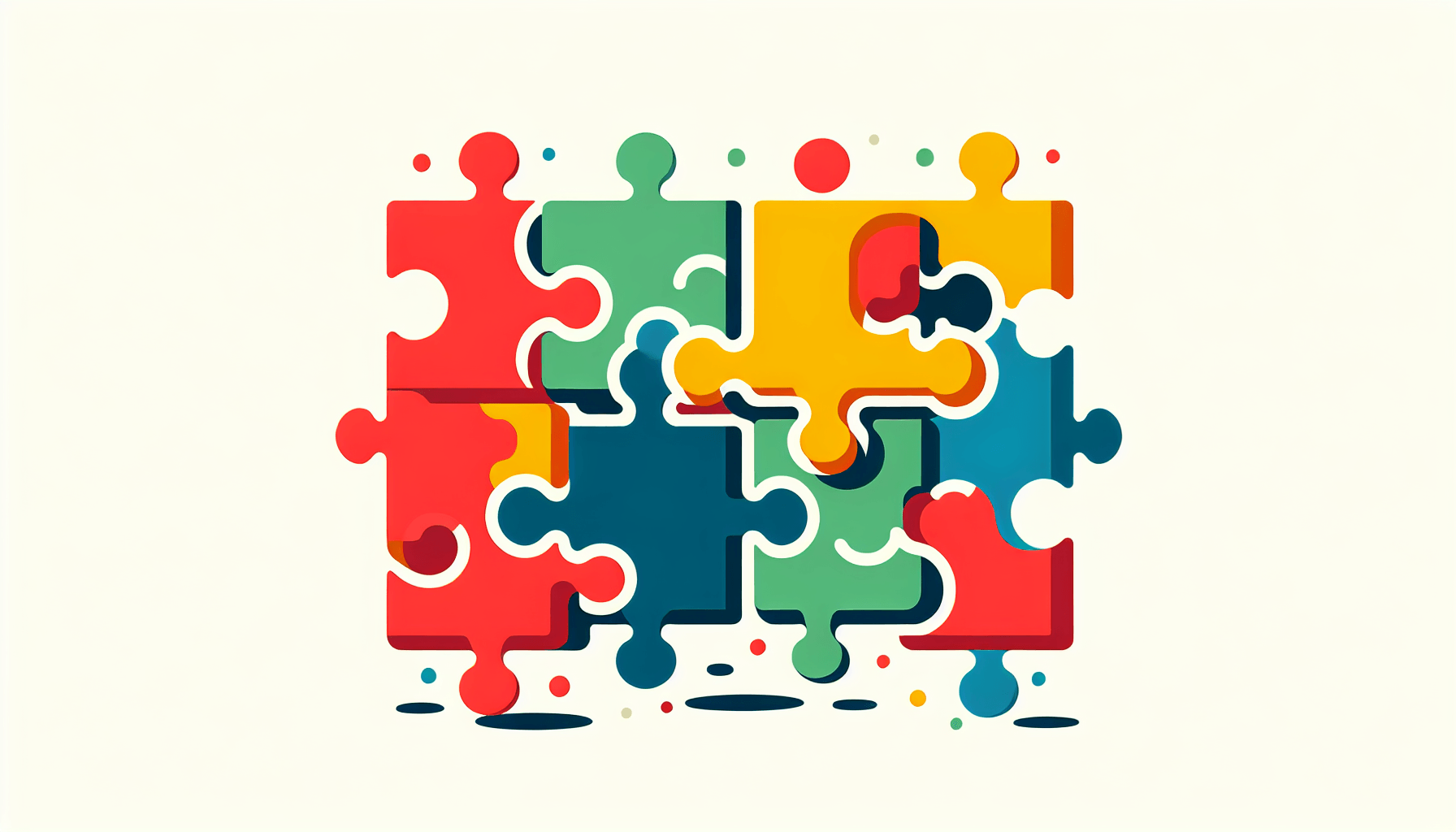 Jigsaw puzzle in flat illustration style and white background, red #f47574, green #88c7a8, yellow #fcc44b, and blue #645bc8 colors.