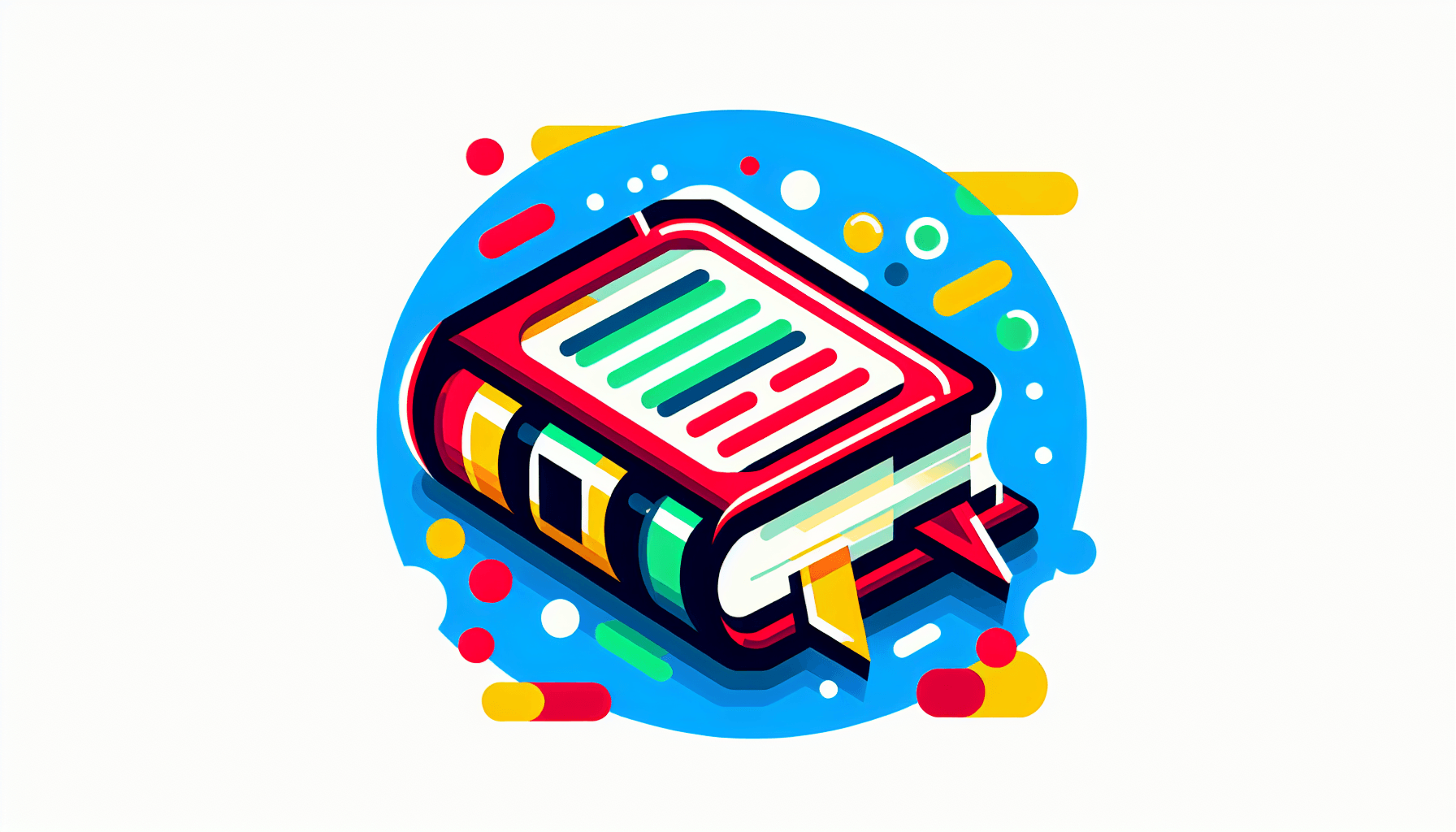 Dictionary in flat illustration style and white background, red #f47574, green #88c7a8, yellow #fcc44b, and blue #645bc8 colors.