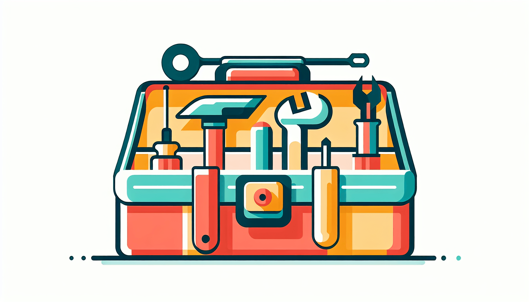 Toolbox in flat illustration style and white background, red #f47574, green #88c7a8, yellow #fcc44b, and blue #645bc8 colors.