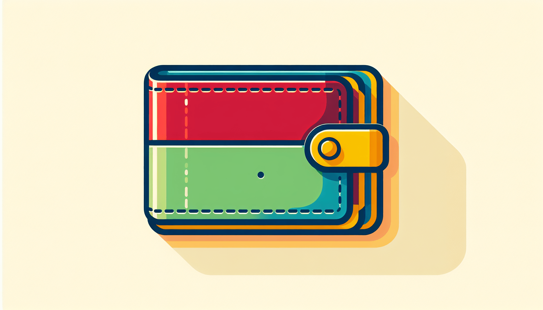 Wallet in flat illustration style and white background, red #f47574, green #88c7a8, yellow #fcc44b, and blue #645bc8 colors.