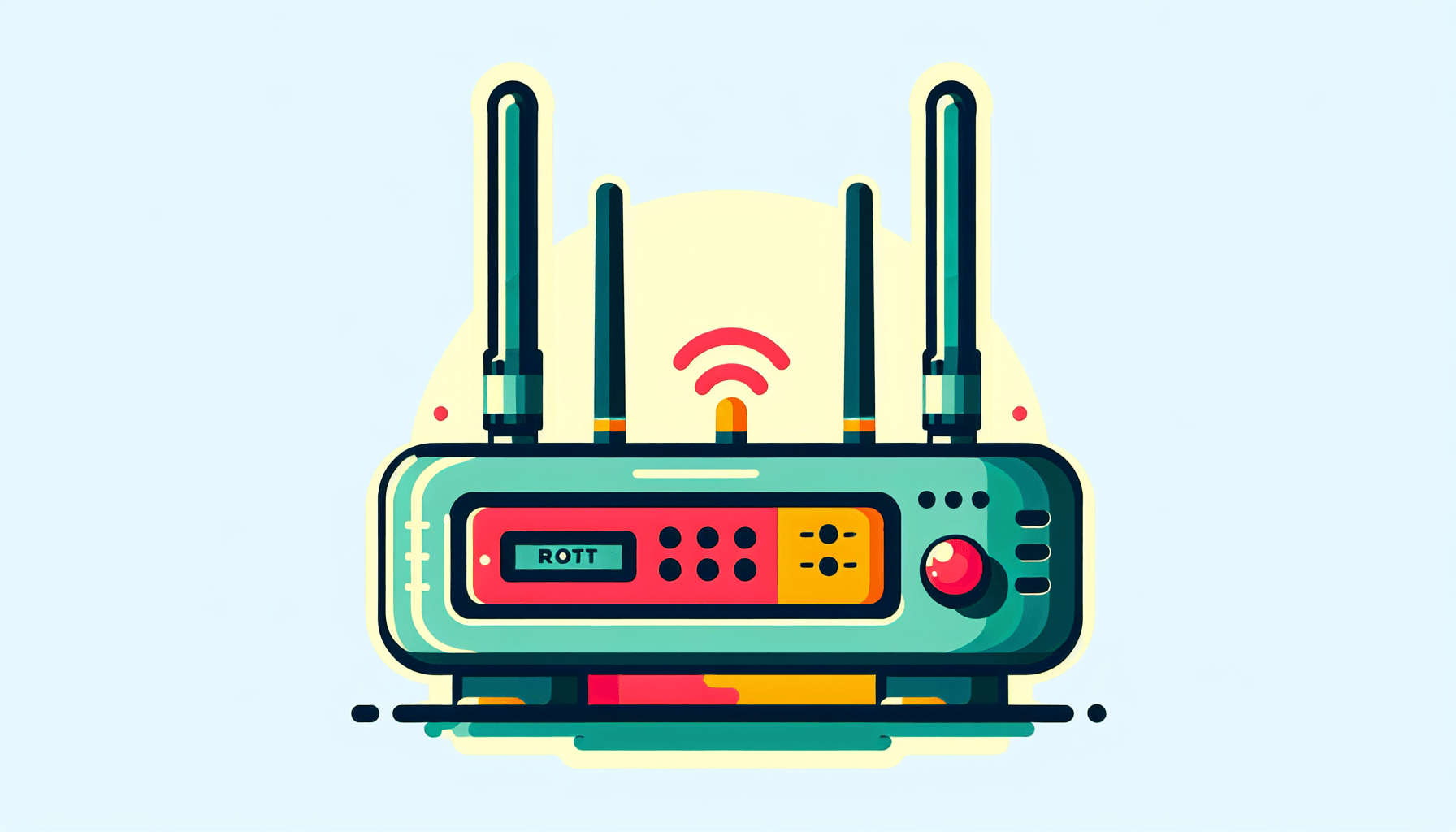 Router in flat illustration style and white background, red #f47574, green #88c7a8, yellow #fcc44b, and blue #645bc8 colors.