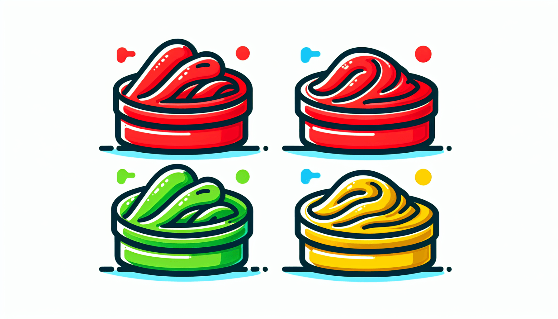 Moldable clay in flat illustration style and white background, red #f47574, green #88c7a8, yellow #fcc44b, and blue #645bc8 colors.