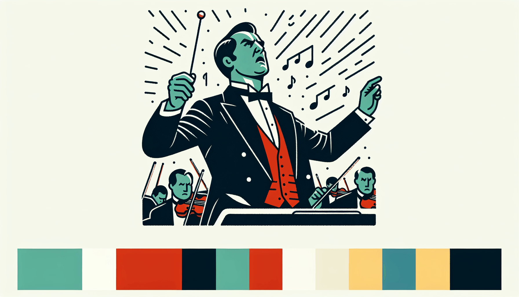 Orchestra conductor in flat illustration style and white background, red #f47574, green #88c7a8, yellow #fcc44b, and blue #645bc8 colors.