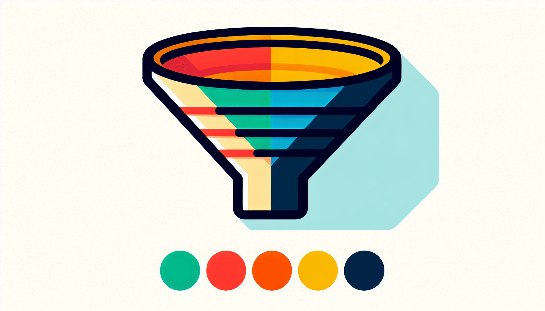 Funnel in flat illustration style and white background, red #f47574, green #88c7a8, yellow #fcc44b, and blue #645bc8 colors.