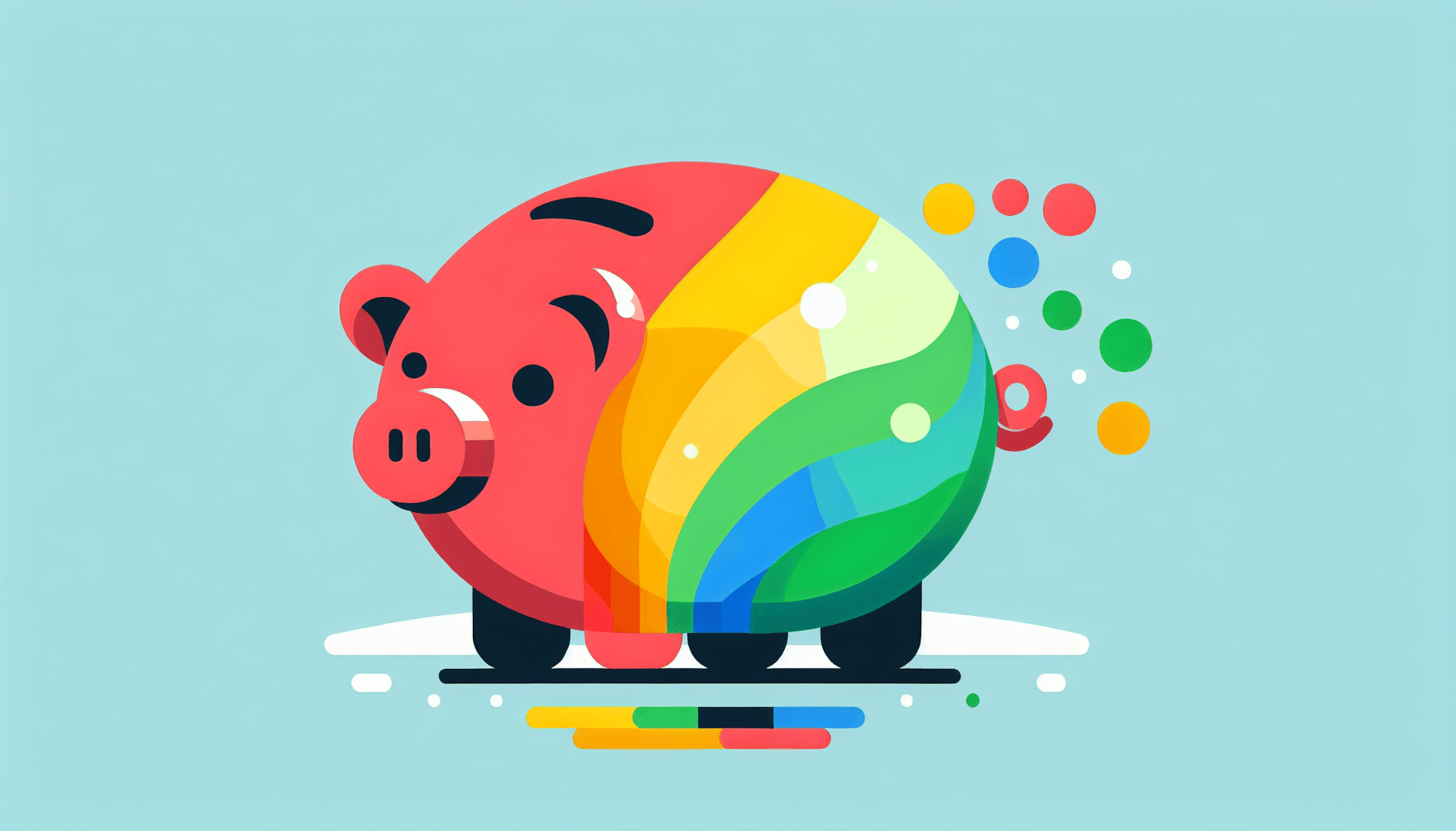 Piggy bank in flat illustration style and white background, red #f47574, green #88c7a8, yellow #fcc44b, and blue #645bc8 colors.