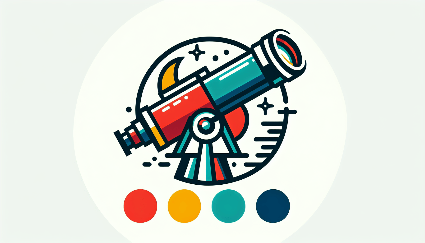 Telescope in flat illustration style and white background, red #f47574, green #88c7a8, yellow #fcc44b, and blue #645bc8 colors.