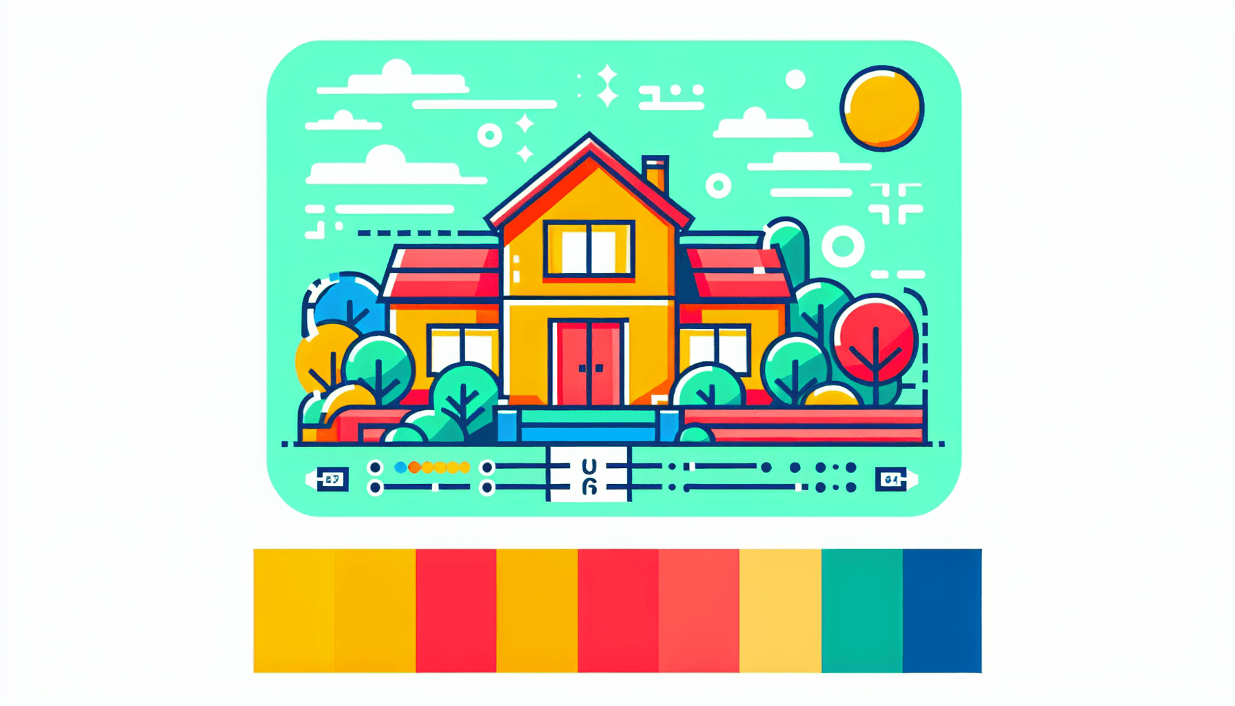 Blueprint in flat illustration style and white background, red #f47574, green #88c7a8, yellow #fcc44b, and blue #645bc8 colors.