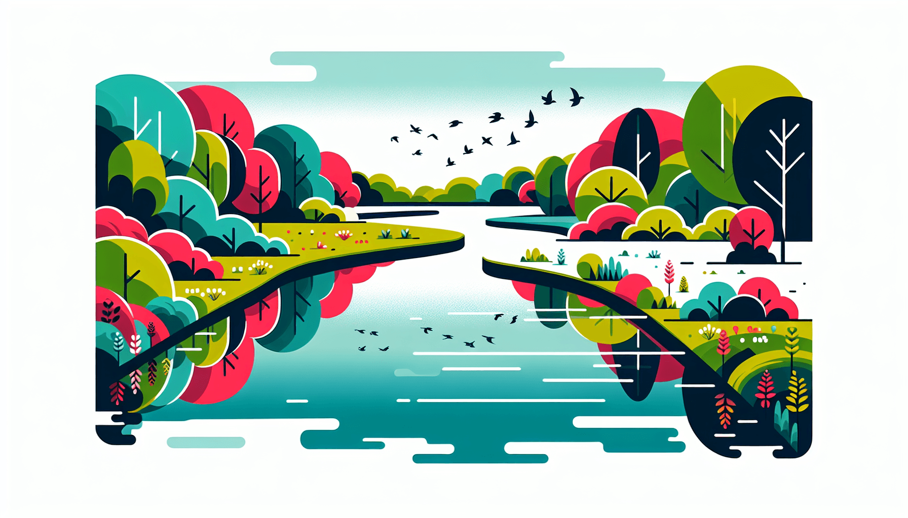 River in flat illustration style and white background, red #f47574, green #88c7a8, yellow #fcc44b, and blue #645bc8 colors.
