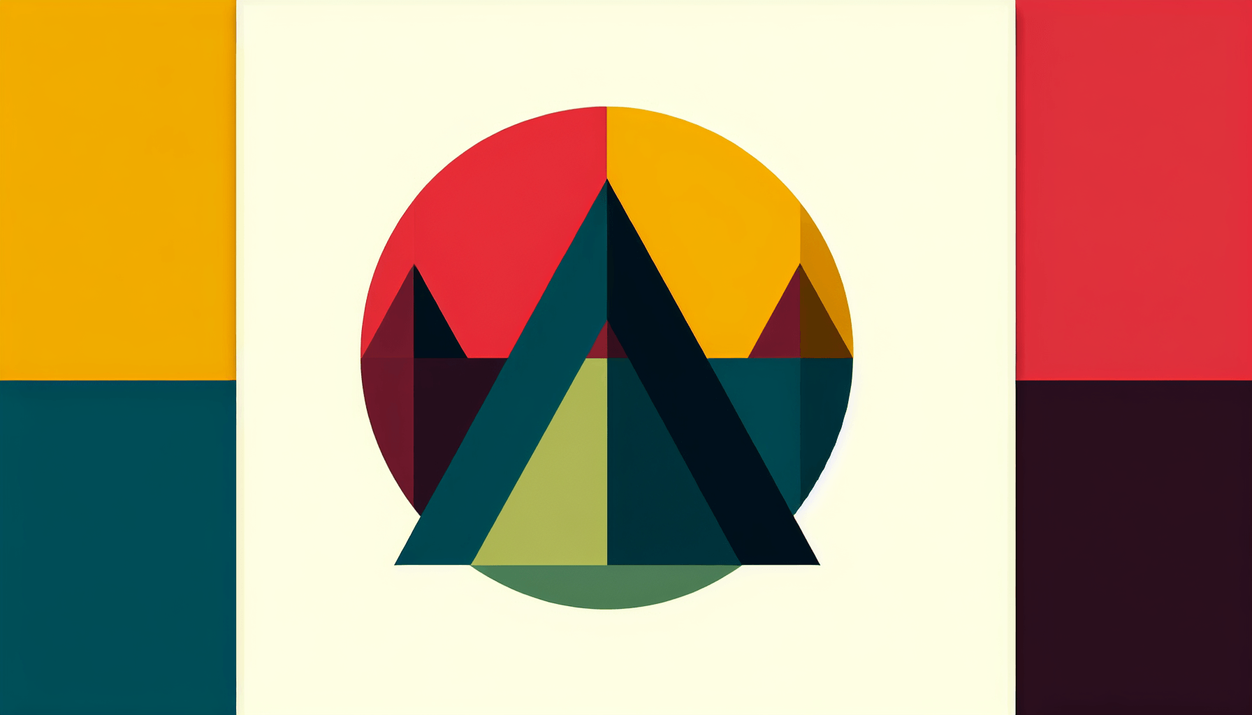 Triangle in flat illustration style and white background, red #f47574, green #88c7a8, yellow #fcc44b, and blue #645bc8 colors.