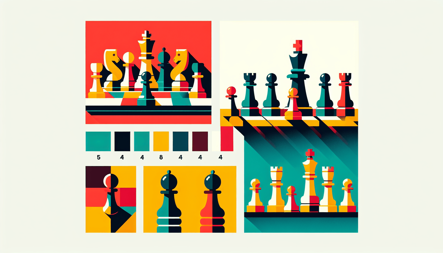Chess in flat illustration style and white background, red #f47574, green #88c7a8, yellow #fcc44b, and blue #645bc8 colors.