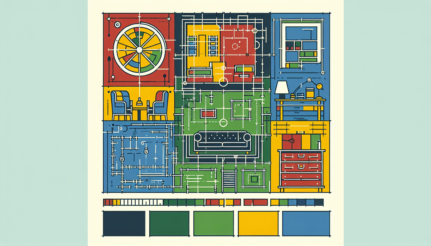 Blueprint in flat illustration style and white background, red #f47574, green #88c7a8, yellow #fcc44b, and blue #645bc8 colors.