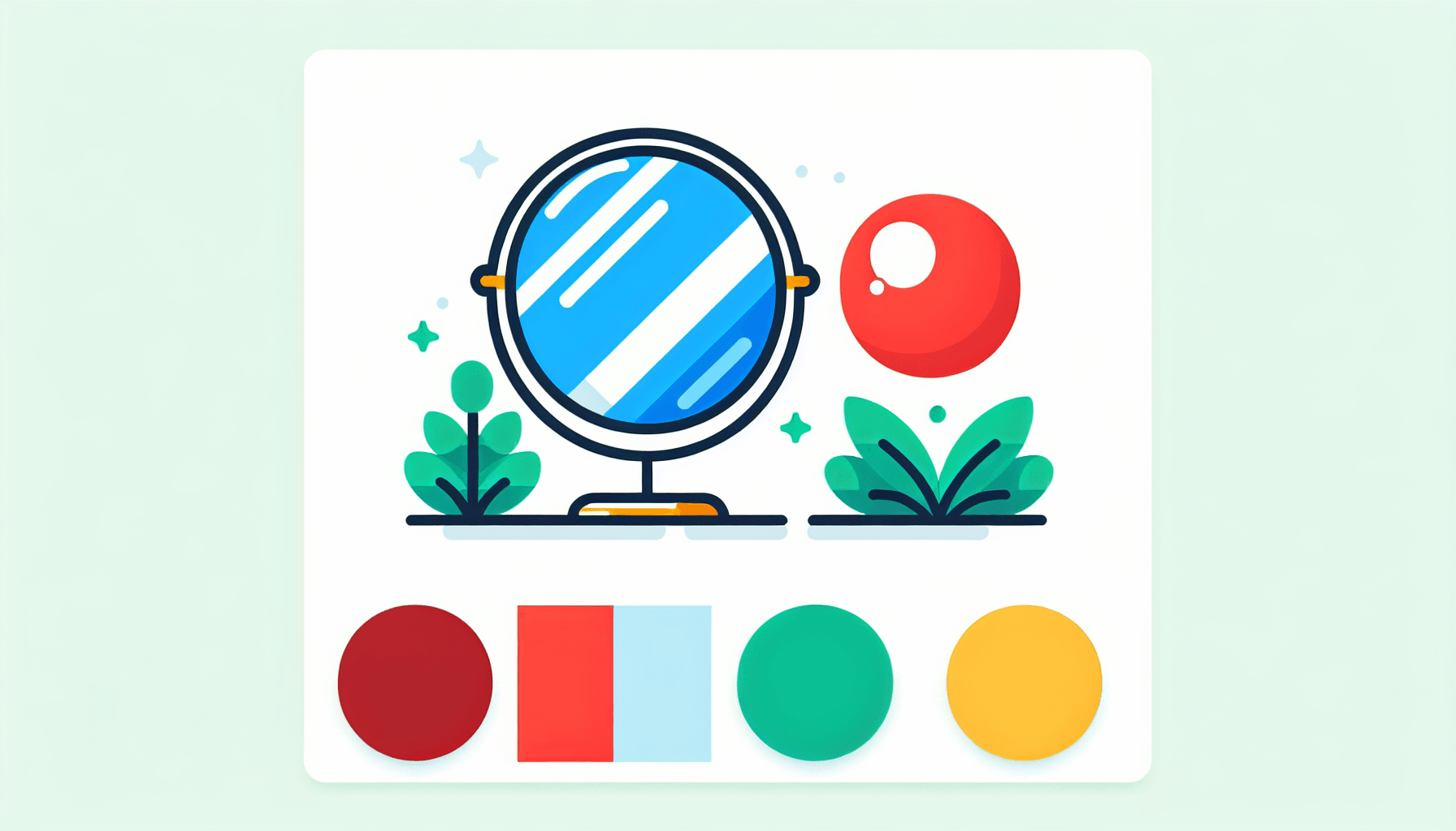 Mirror in flat illustration style and white background, red #f47574, green #88c7a8, yellow #fcc44b, and blue #645bc8 colors.