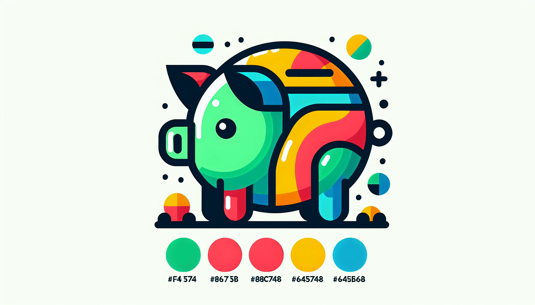 Piggy bank in flat illustration style and white background, red #f47574, green #88c7a8, yellow #fcc44b, and blue #645bc8 colors.