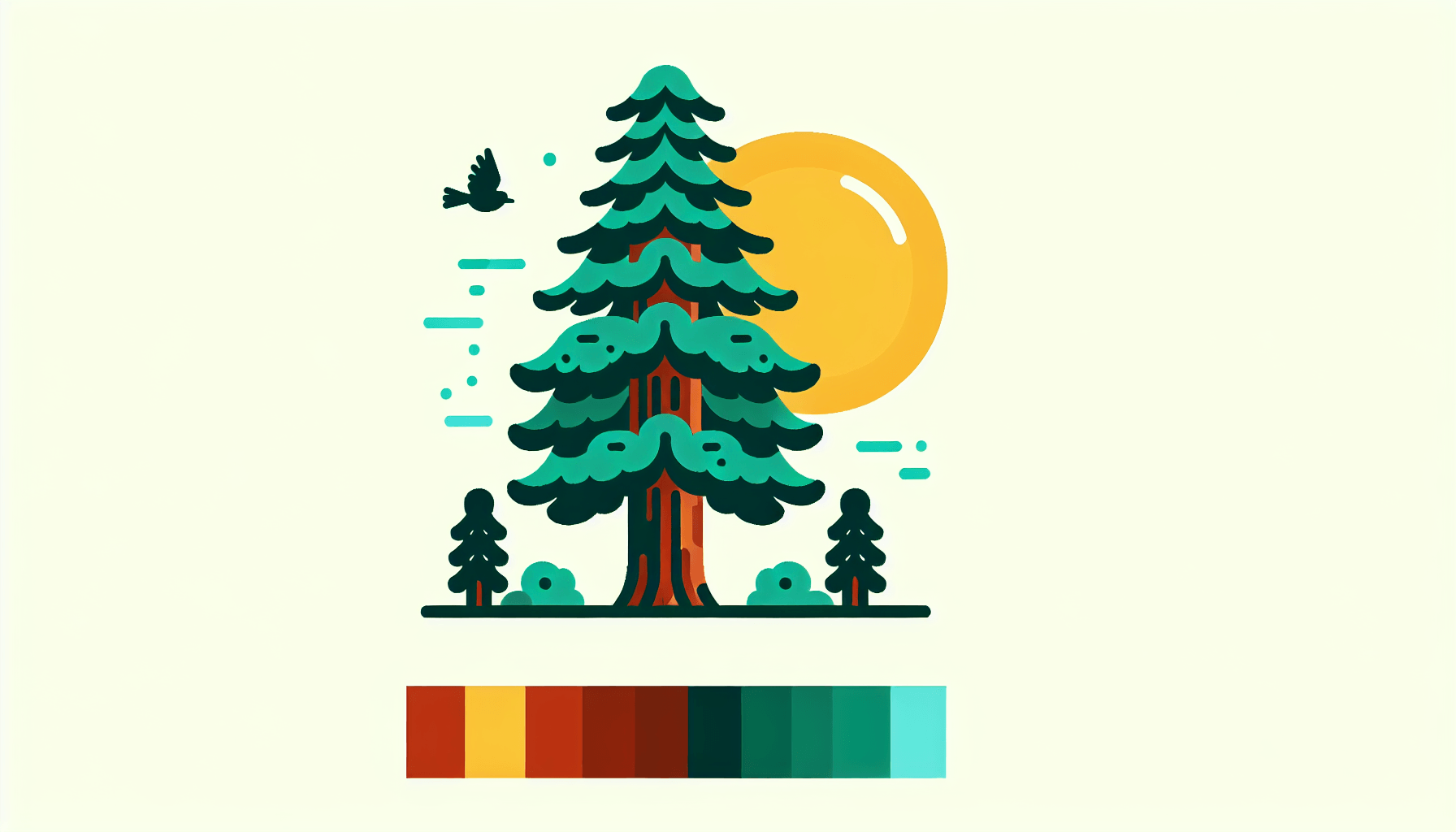 Redwood in flat illustration style and white background, red #f47574, green #88c7a8, yellow #fcc44b, and blue #645bc8 colors.