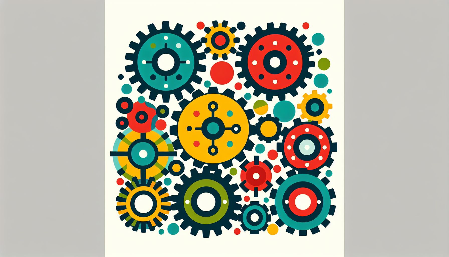Cogs in flat illustration style and white background, red #f47574, green #88c7a8, yellow #fcc44b, and blue #645bc8 colors.