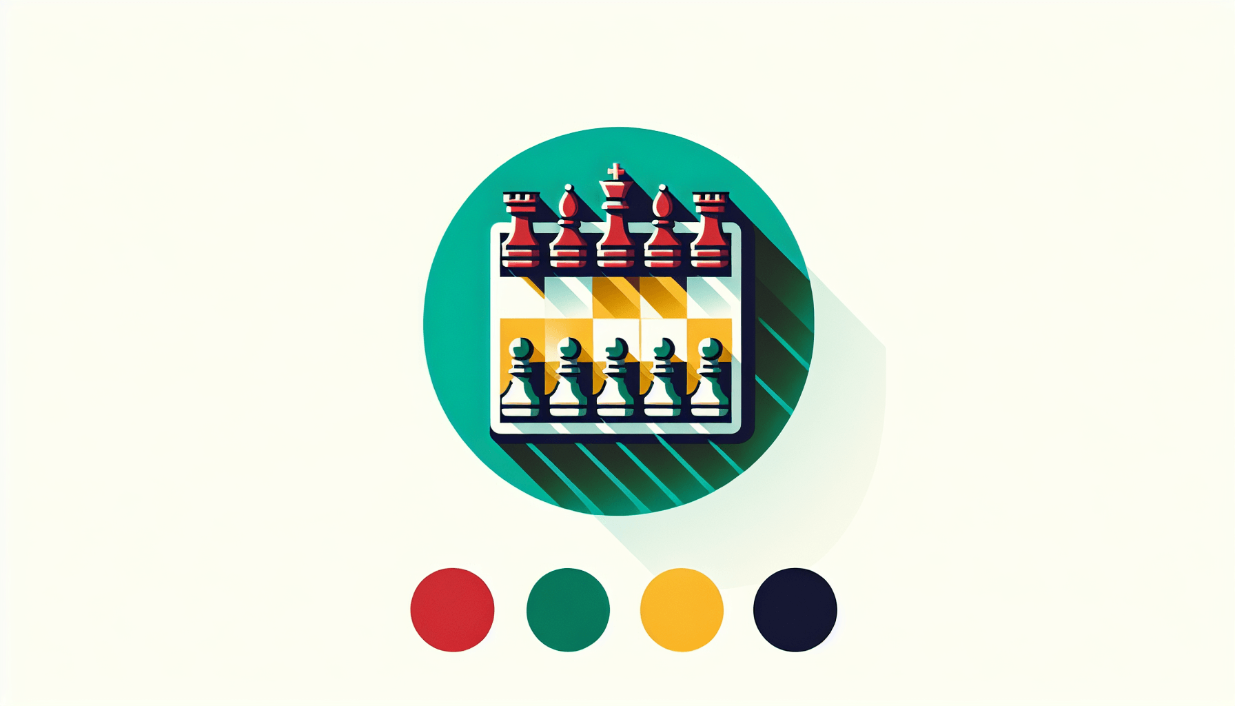 Chessboard in flat illustration style and white background, red #f47574, green #88c7a8, yellow #fcc44b, and blue #645bc8 colors.