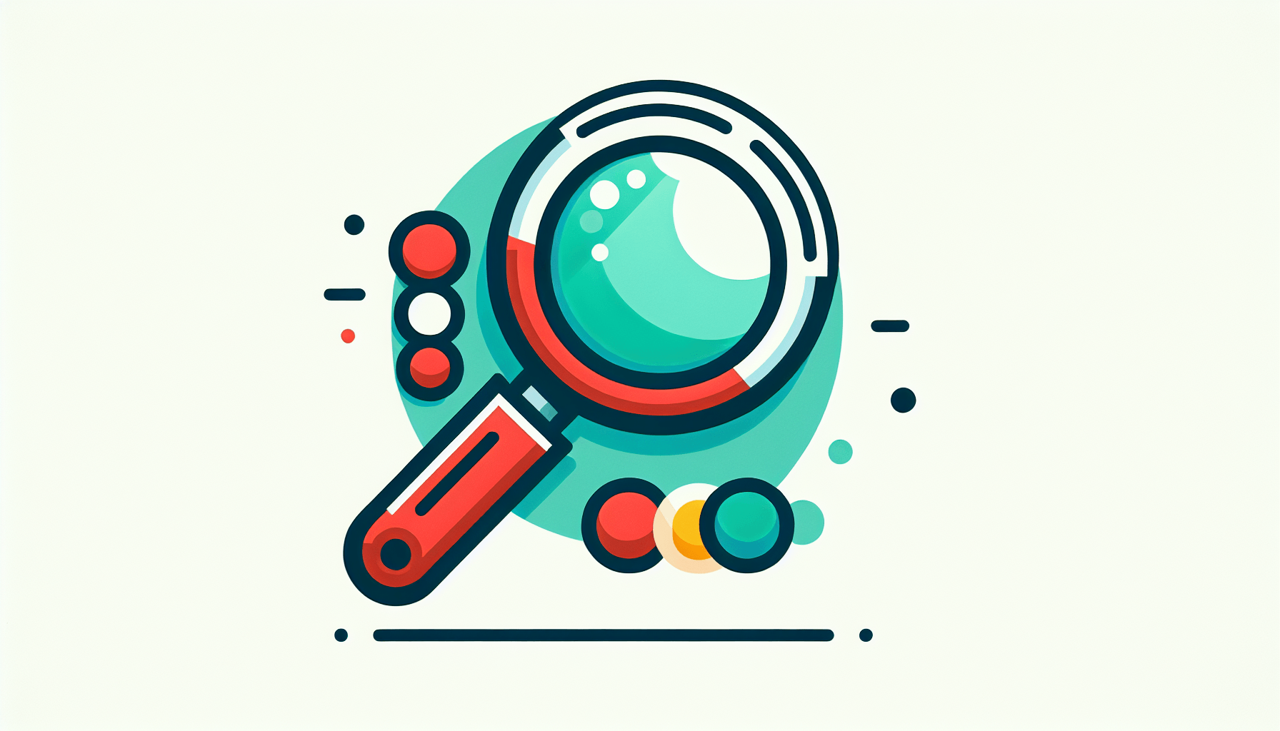 Magnifying glass in flat illustration style and white background, red #f47574, green #88c7a8, yellow #fcc44b, and blue #645bc8 colors.