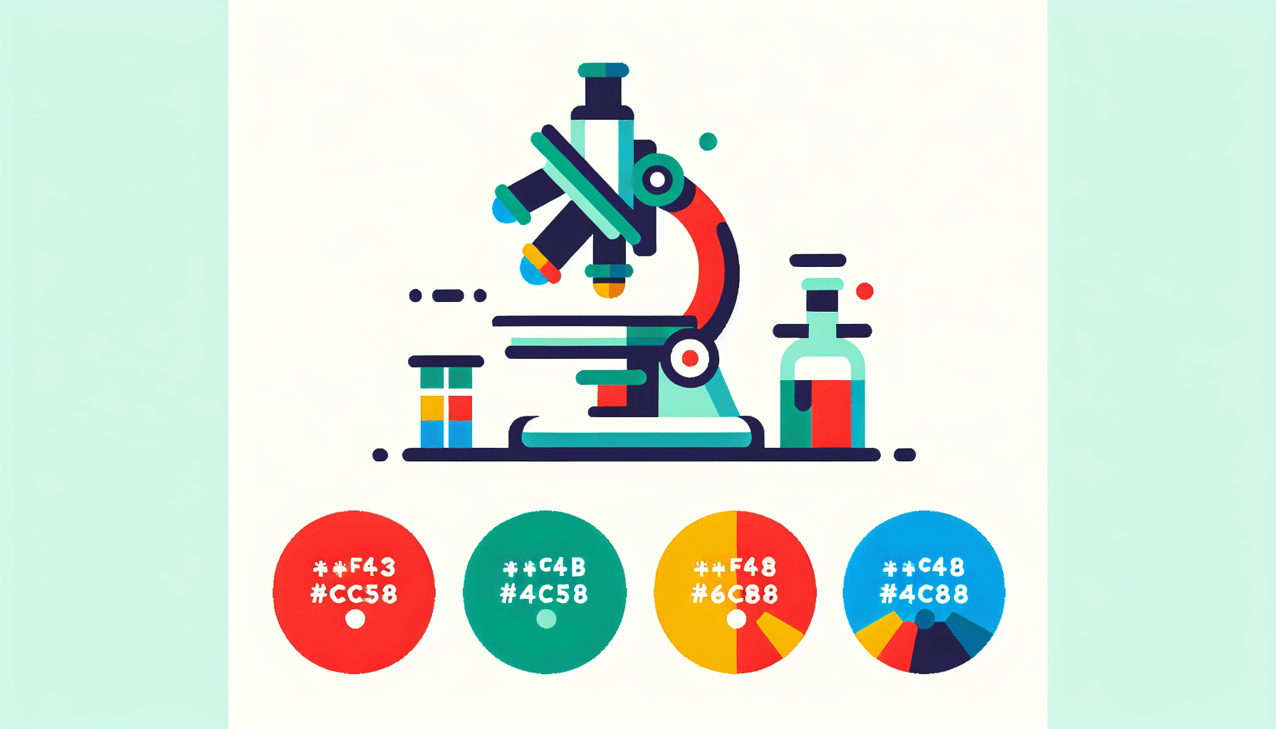 Microscope in flat illustration style and white background, red #f47574, green #88c7a8, yellow #fcc44b, and blue #645bc8 colors.