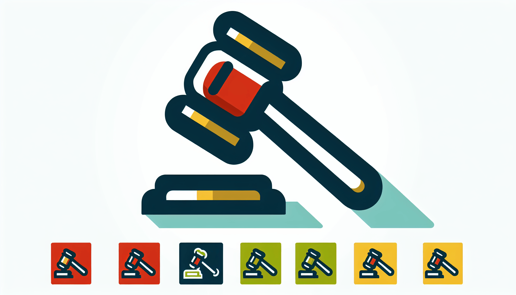 Auction hammer in flat illustration style and white background, red #f47574, green #88c7a8, yellow #fcc44b, and blue #645bc8 colors.