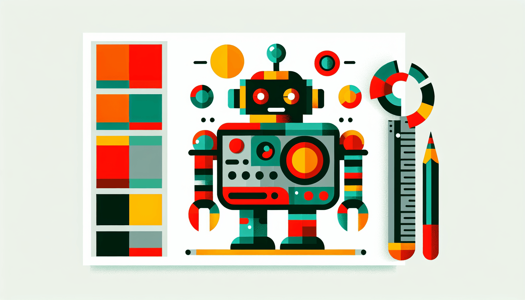 Robot in flat illustration style and white background, red #f47574, green #88c7a8, yellow #fcc44b, and blue #645bc8 colors.