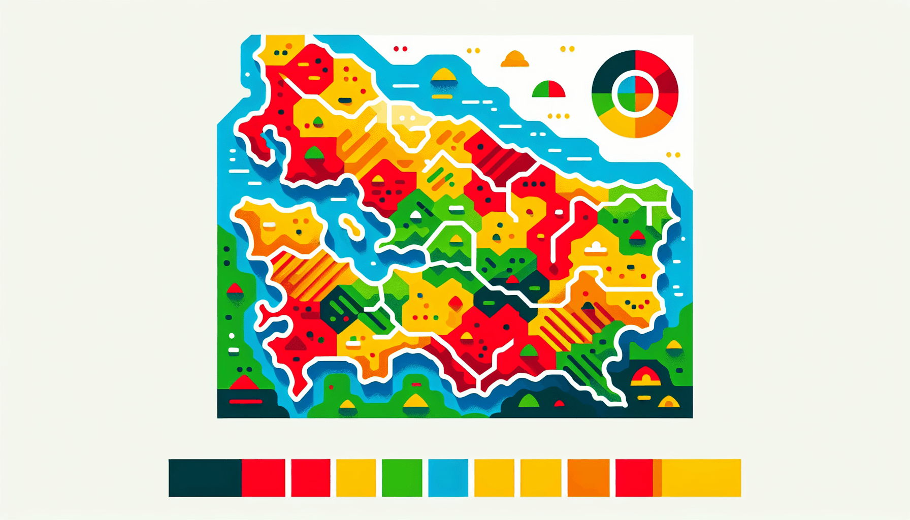 Map in flat illustration style and white background, red #f47574, green #88c7a8, yellow #fcc44b, and blue #645bc8 colors.