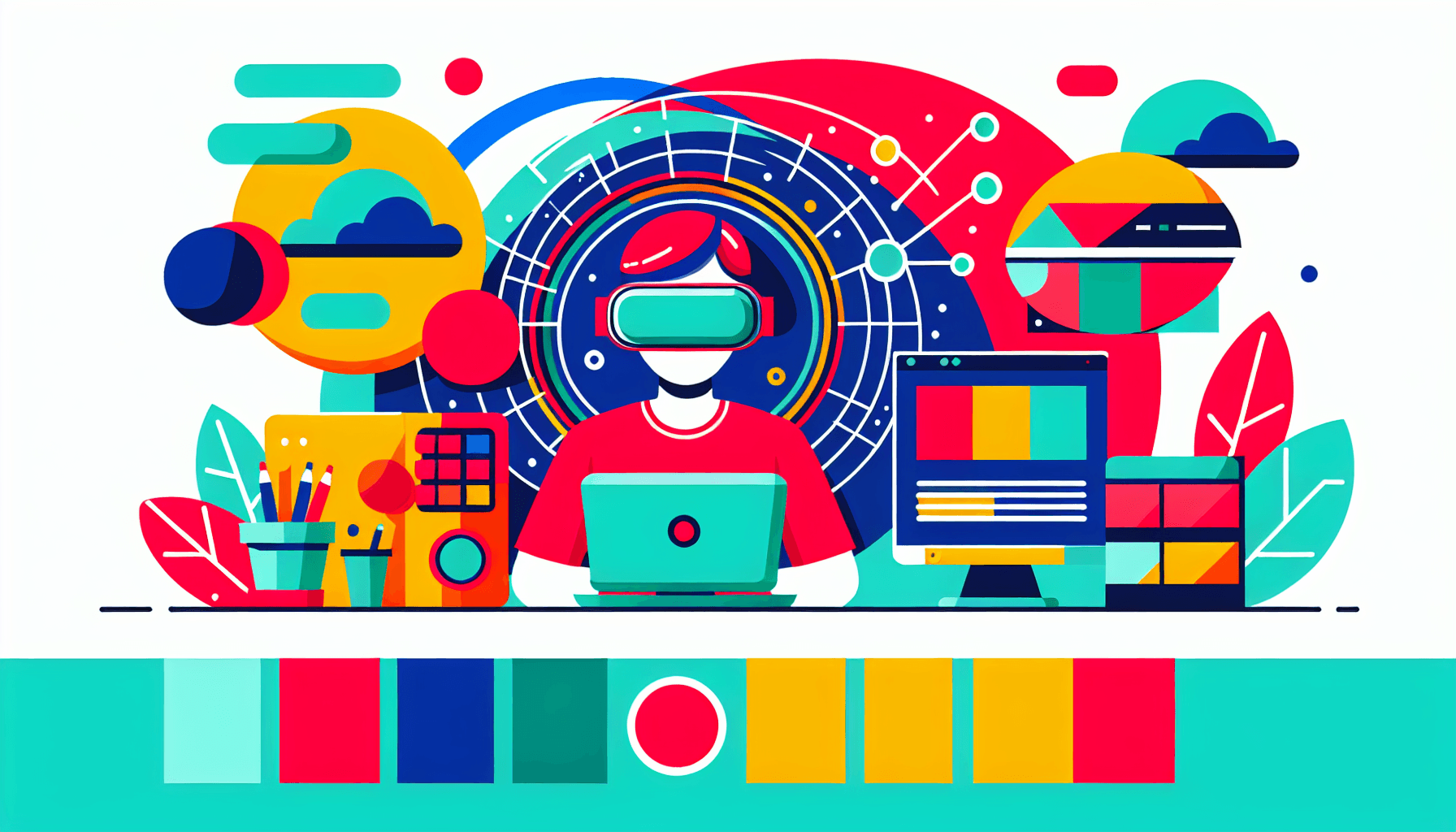 Virtual reality in flat illustration style and white background, red #f47574, green #88c7a8, yellow #fcc44b, and blue #645bc8 colors.