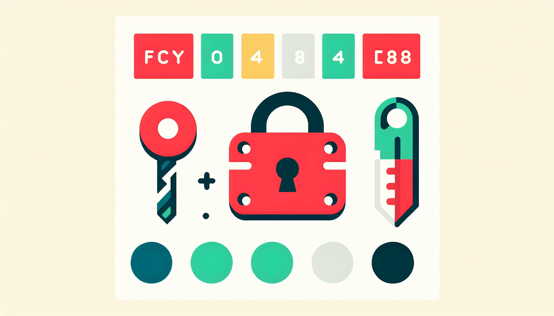 Lock and key in flat illustration style and white background, red #f47574, green #88c7a8, yellow #fcc44b, and blue #645bc8 colors.