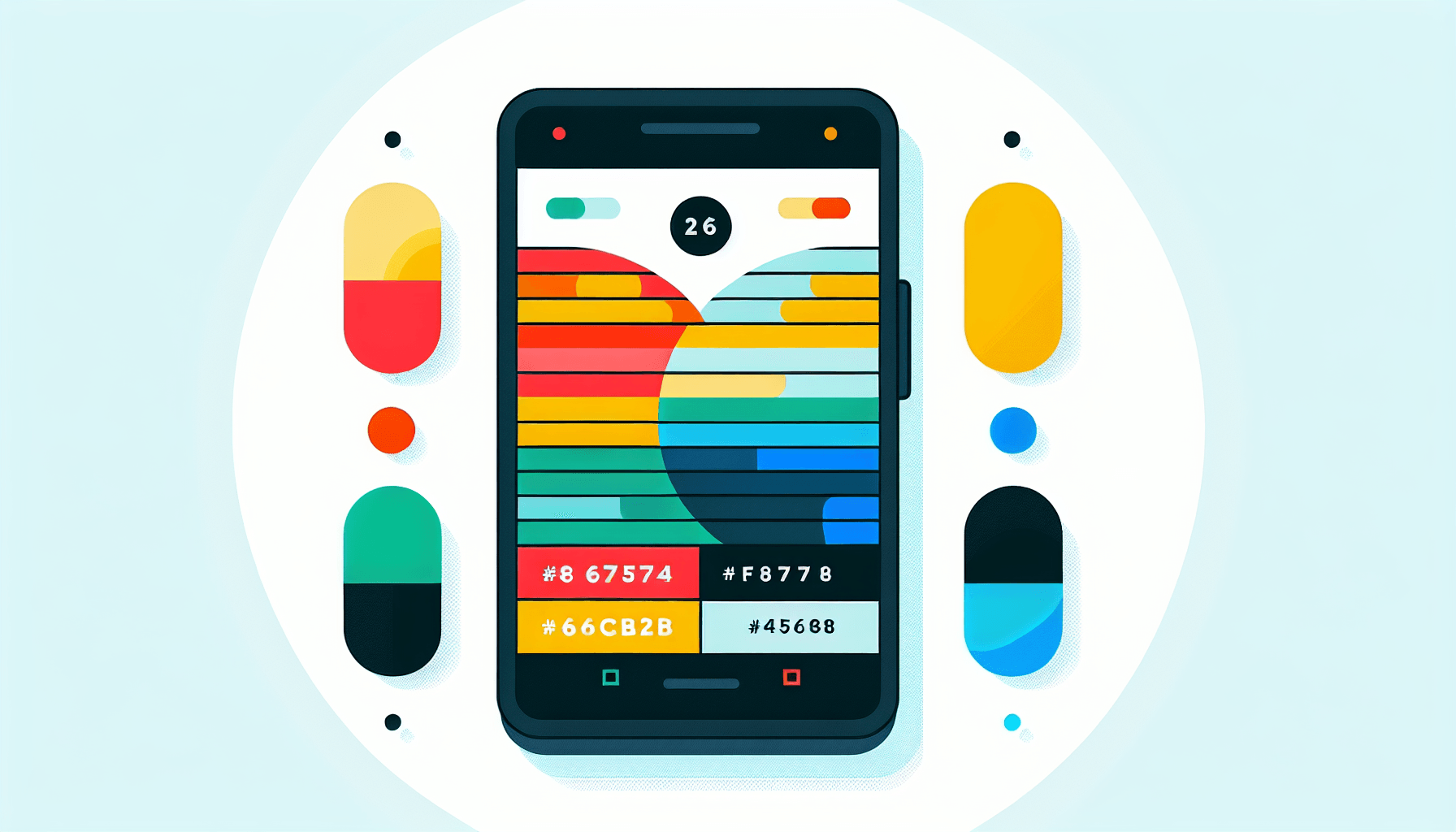 Smartphone in flat illustration style and white background, red #f47574, green #88c7a8, yellow #fcc44b, and blue #645bc8 colors.