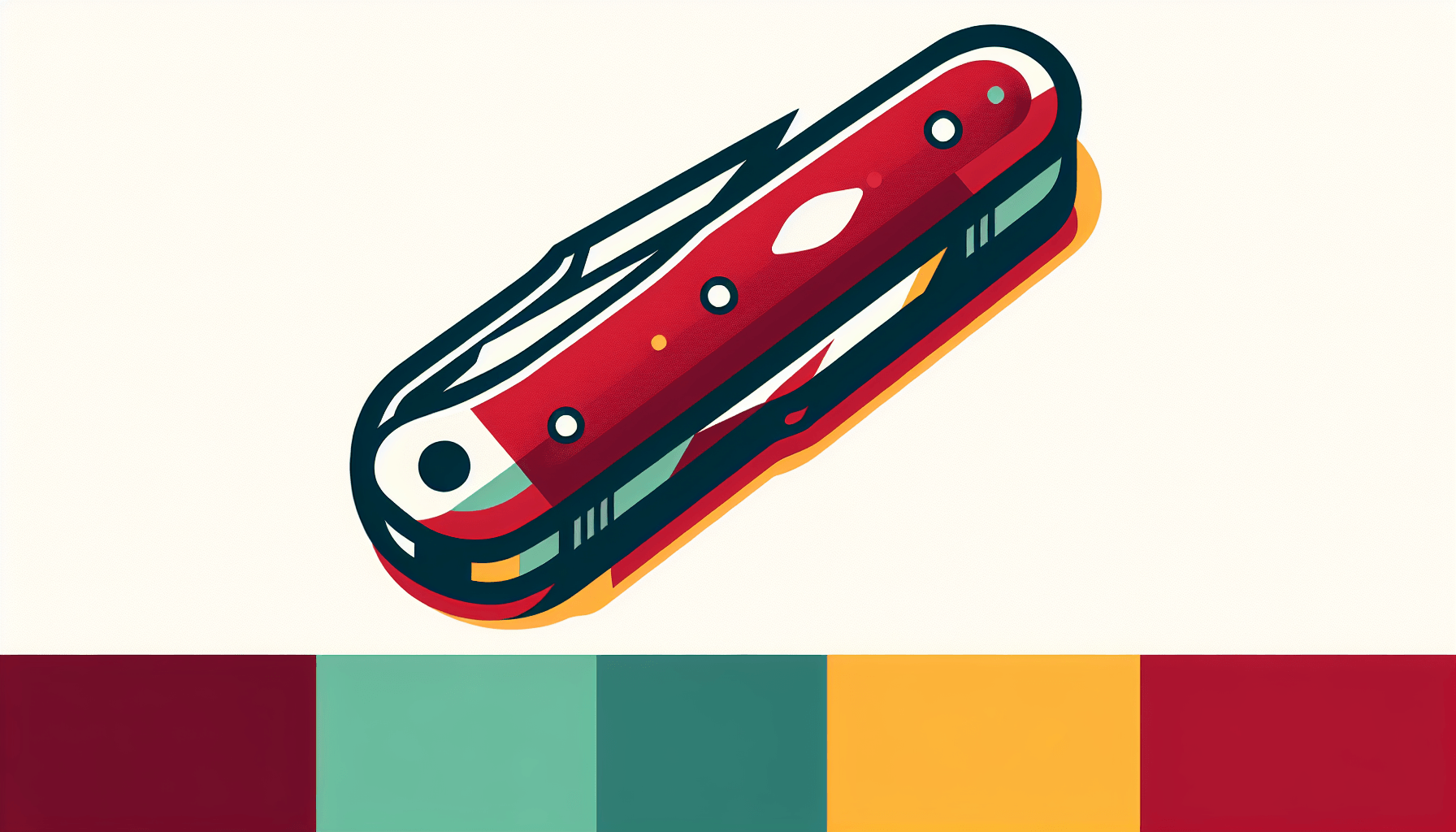 Swiss knife in flat illustration style and white background, red #f47574, green #88c7a8, yellow #fcc44b, and blue #645bc8 colors.