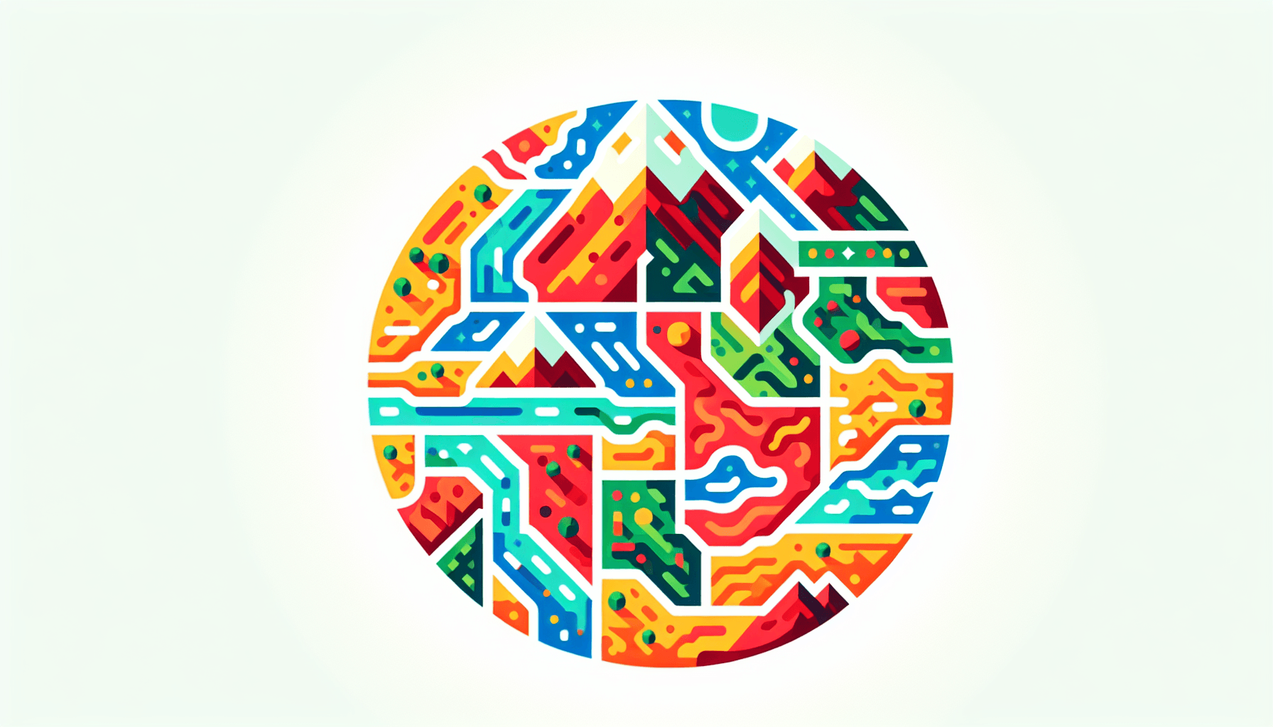 Map in flat illustration style and white background, red #f47574, green #88c7a8, yellow #fcc44b, and blue #645bc8 colors.