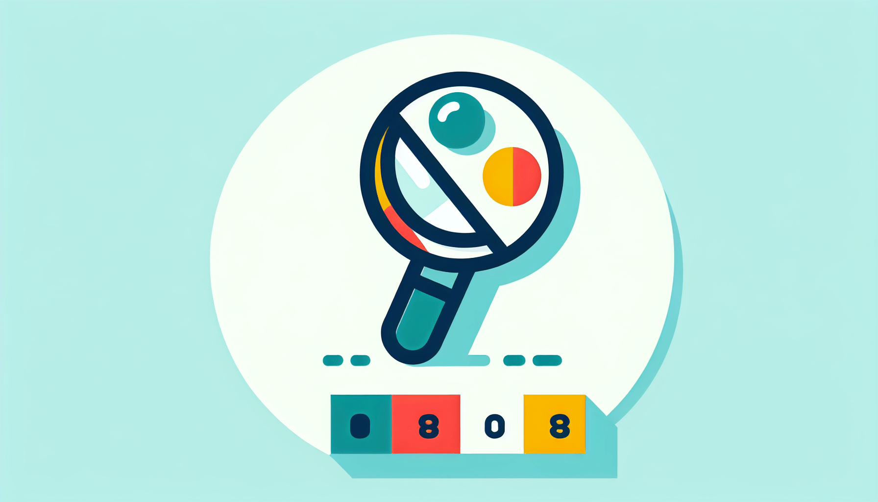 Magnifying glass in flat illustration style and white background, red #f47574, green #88c7a8, yellow #fcc44b, and blue #645bc8 colors.