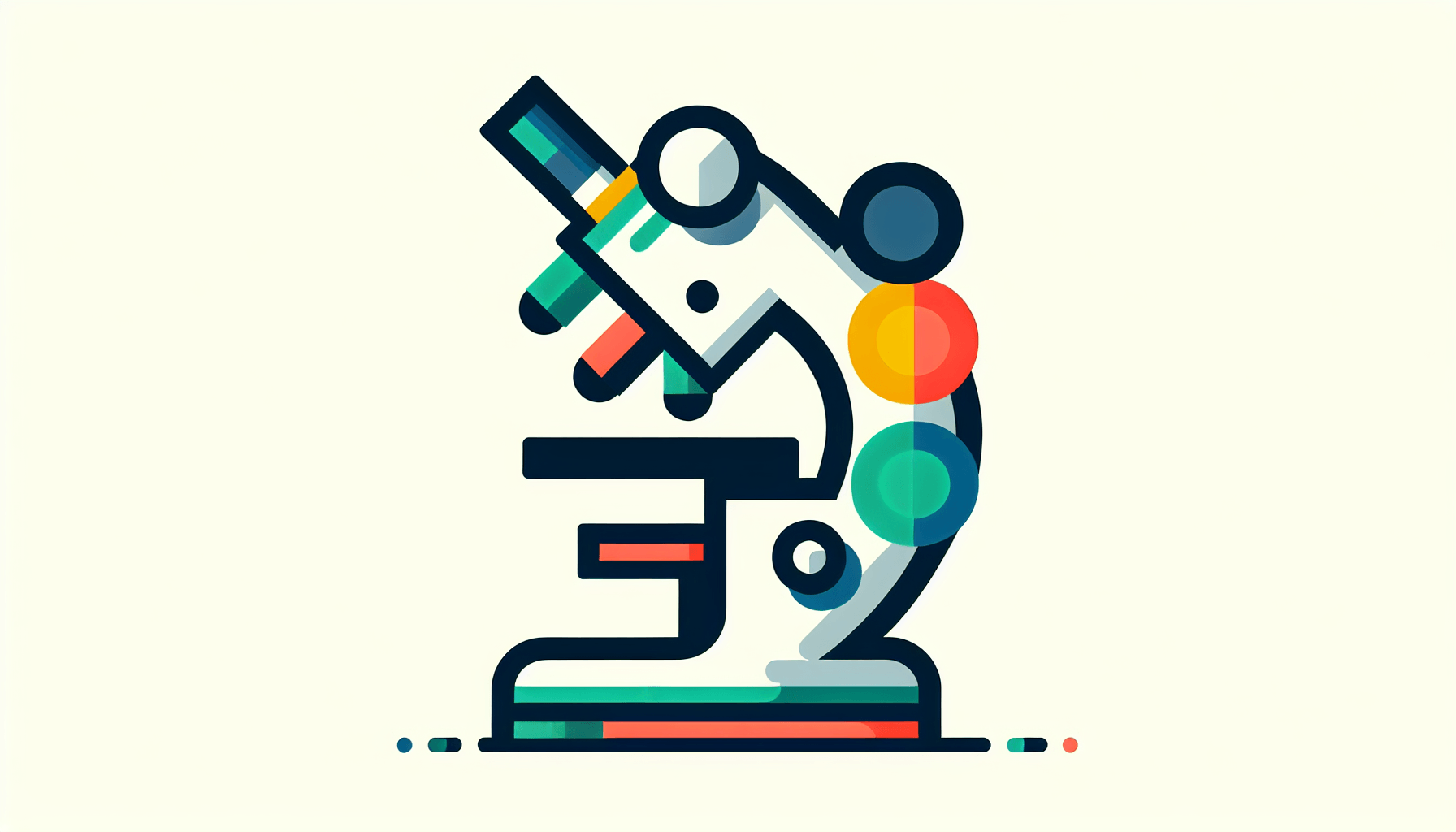 Microscope in flat illustration style and white background, red #f47574, green #88c7a8, yellow #fcc44b, and blue #645bc8 colors.