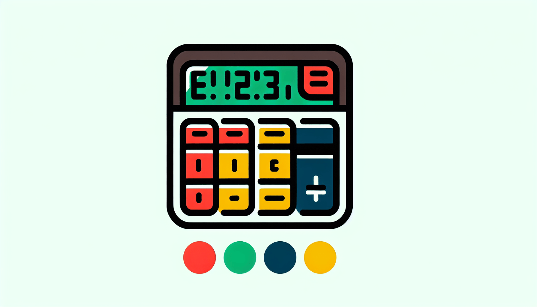 Calculator in flat illustration style and white background, red #f47574, green #88c7a8, yellow #fcc44b, and blue #645bc8 colors.