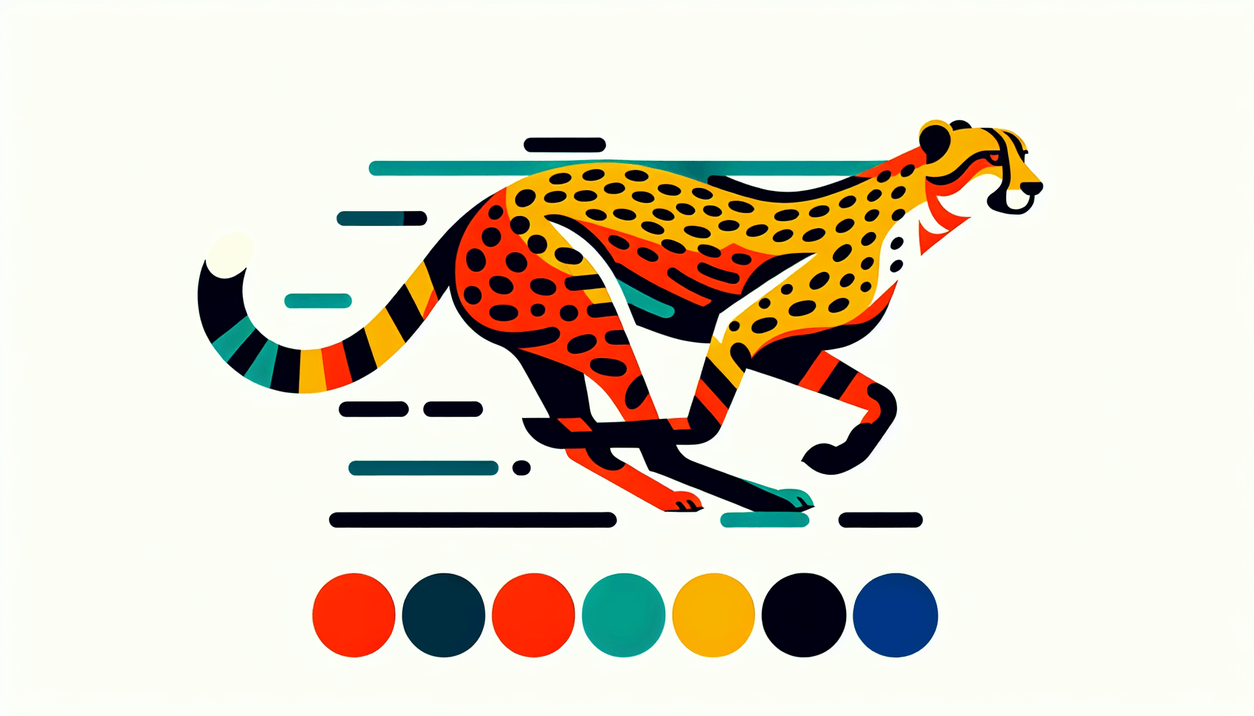 Cheetah in flat illustration style and white background, red #f47574, green #88c7a8, yellow #fcc44b, and blue #645bc8 colors.