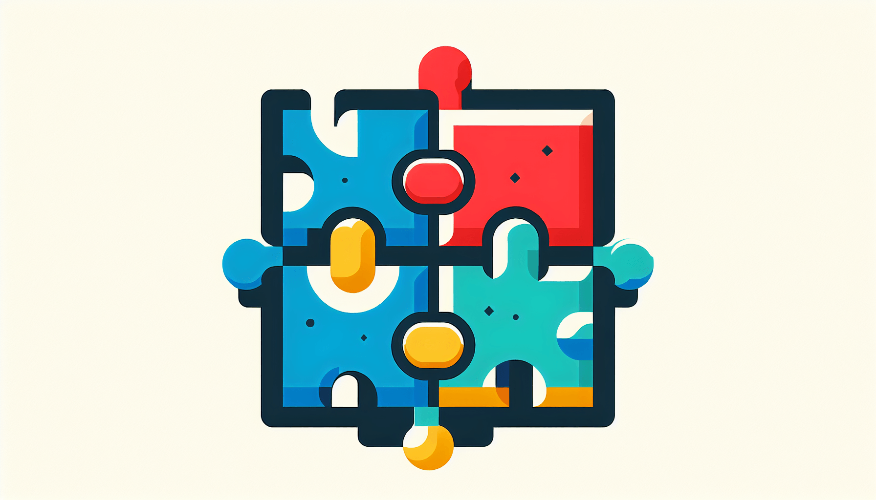 Puzzle in flat illustration style and white background, red #f47574, green #88c7a8, yellow #fcc44b, and blue #645bc8 colors.