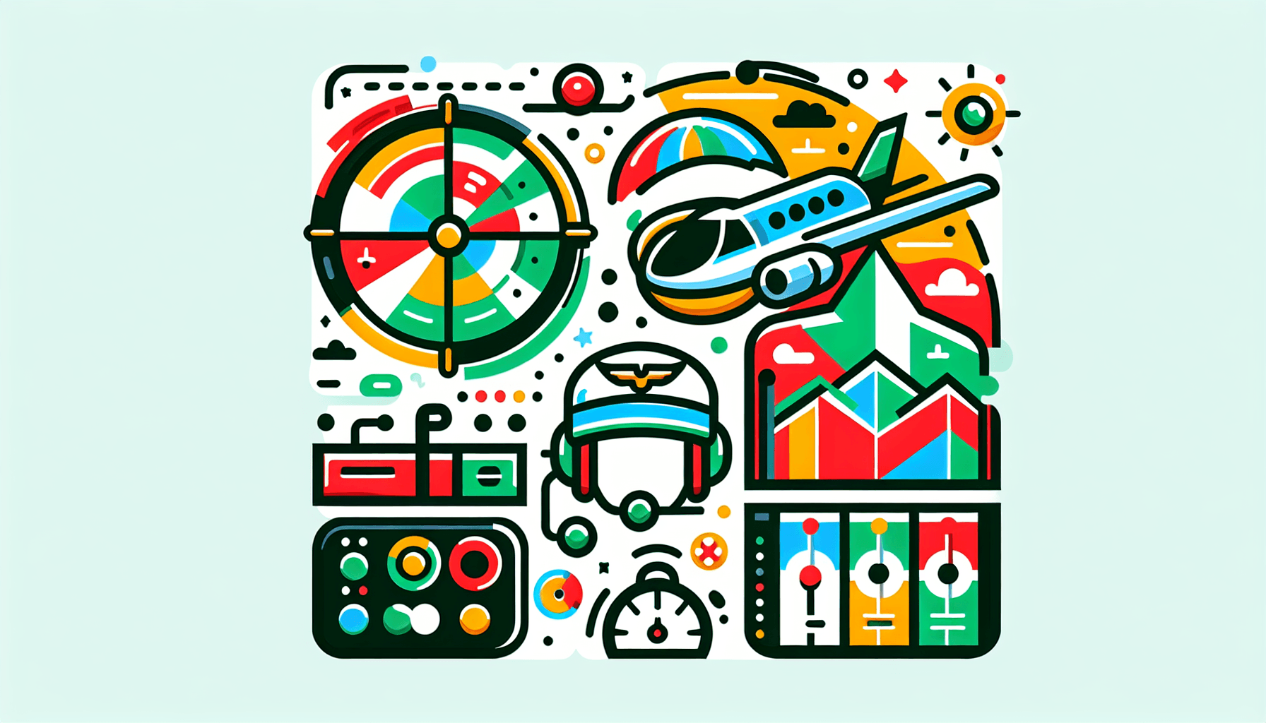 Autopilot in flat illustration style and white background, red #f47574, green #88c7a8, yellow #fcc44b, and blue #645bc8 colors.