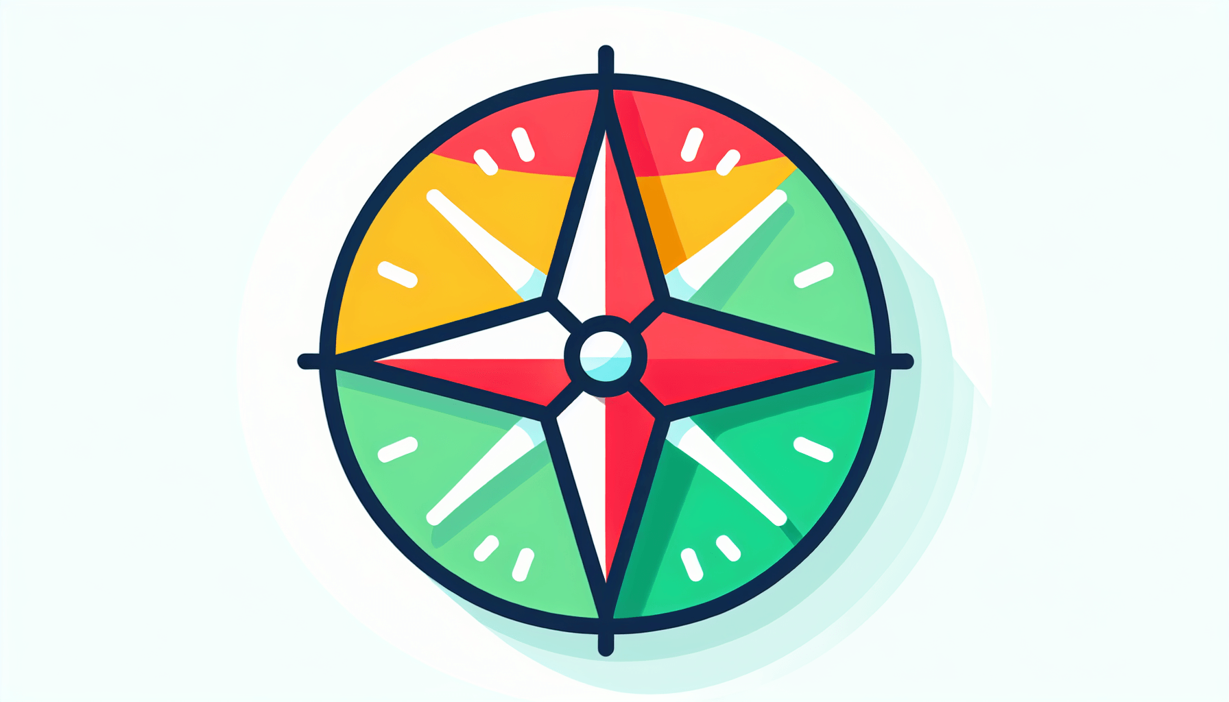 Compass in flat illustration style and white background, red #f47574, green #88c7a8, yellow #fcc44b, and blue #645bc8 colors.