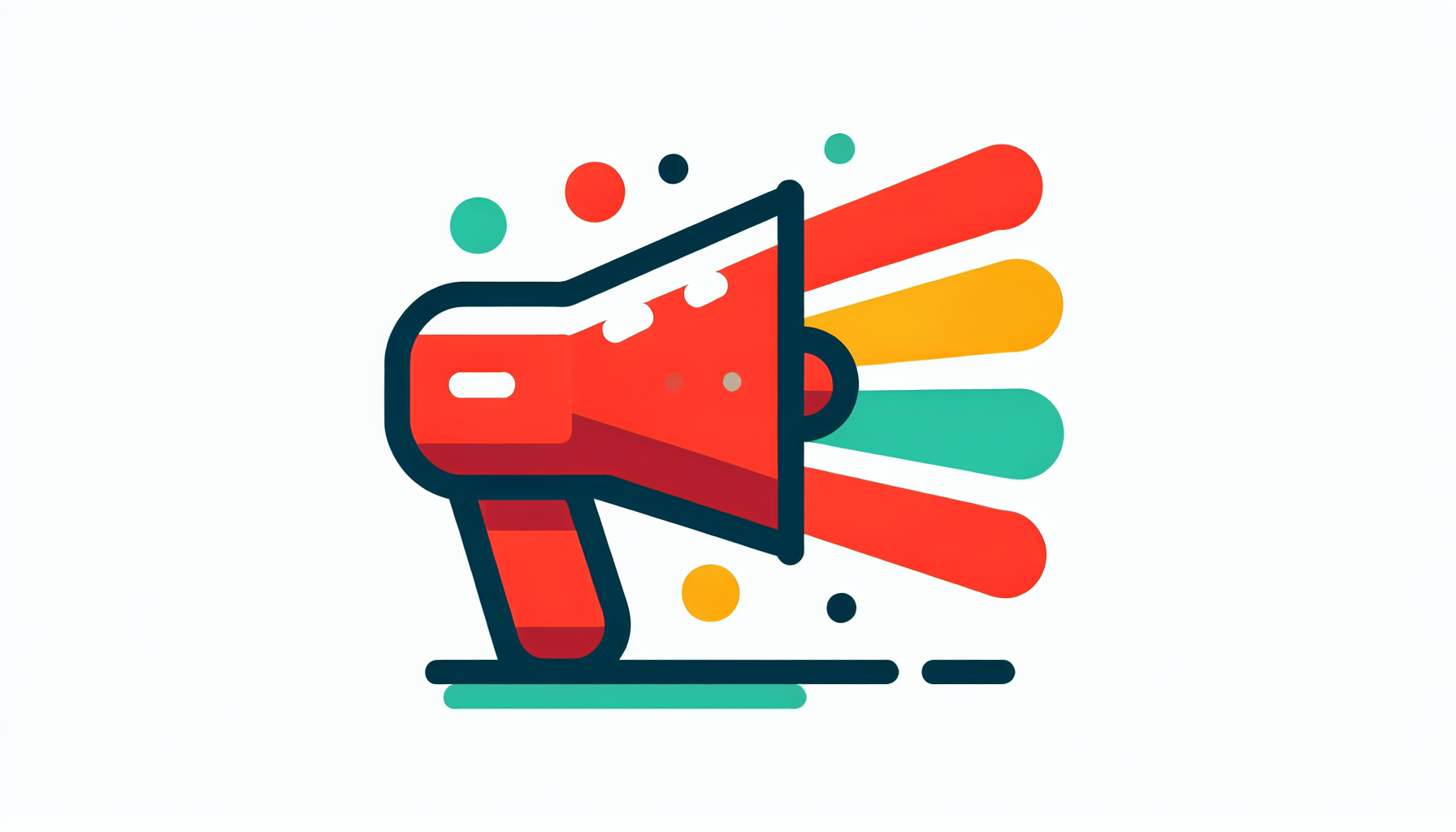 Megaphone in flat illustration style and white background, red #f47574, green #88c7a8, yellow #fcc44b, and blue #645bc8 colors.