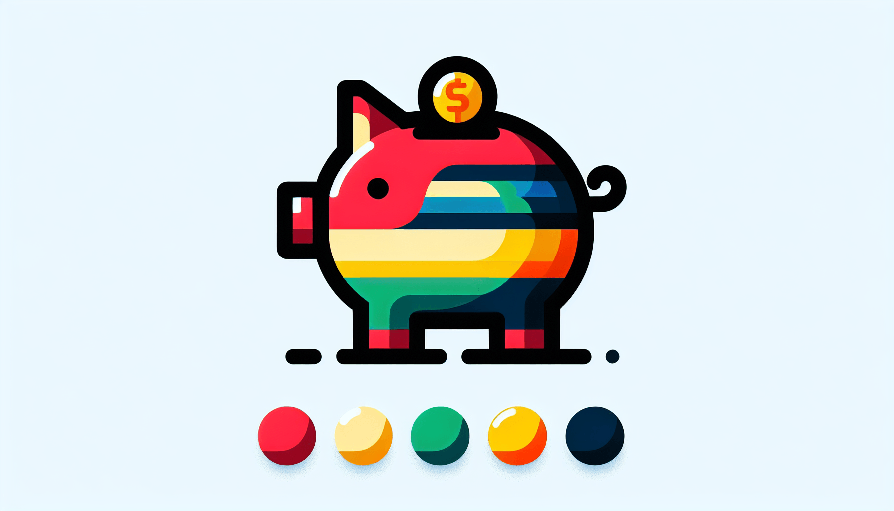 Piggy bank in flat illustration style and white background, red #f47574, green #88c7a8, yellow #fcc44b, and blue #645bc8 colors.