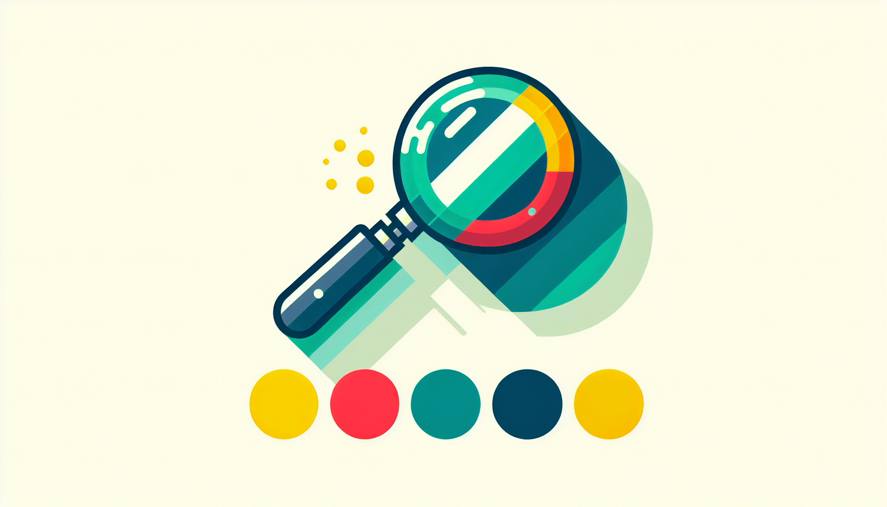 Magnifying glass in flat illustration style and white background, red #f47574, green #88c7a8, yellow #fcc44b, and blue #645bc8 colors.