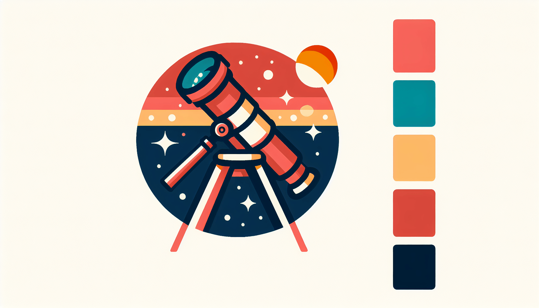 Telescope in flat illustration style and white background, red #f47574, green #88c7a8, yellow #fcc44b, and blue #645bc8 colors.