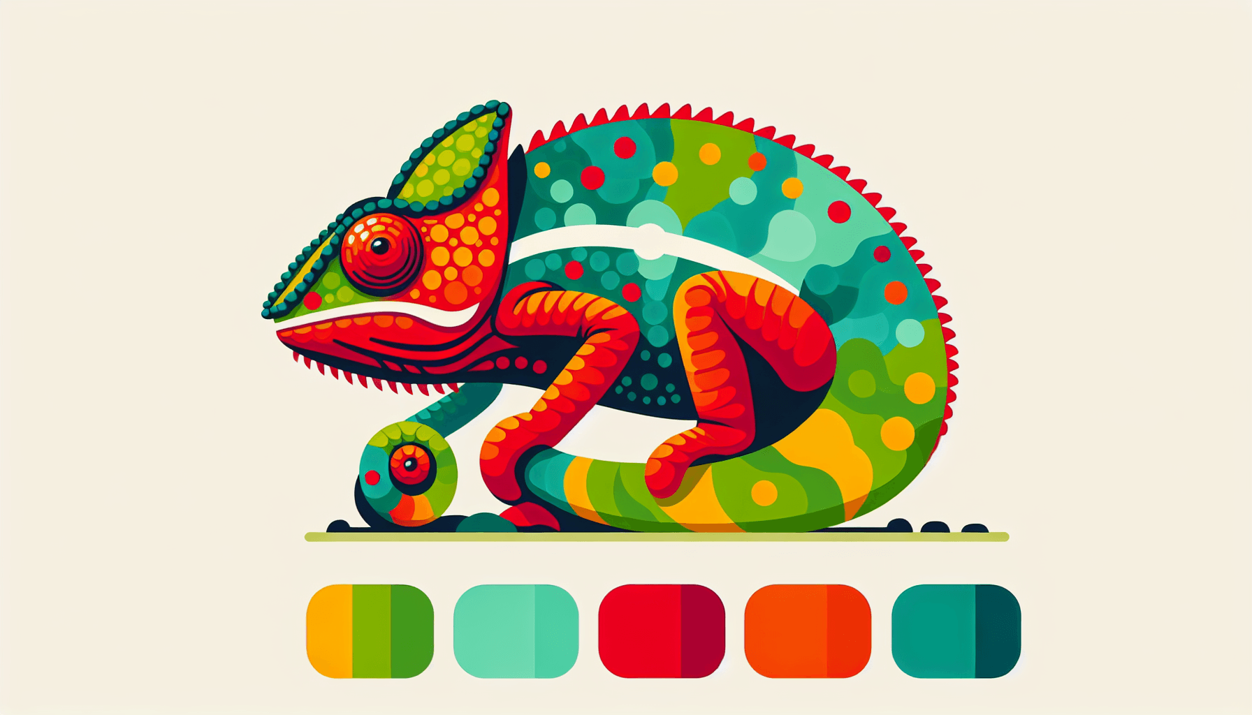 Chameleon in flat illustration style and white background, red #f47574, green #88c7a8, yellow #fcc44b, and blue #645bc8 colors.