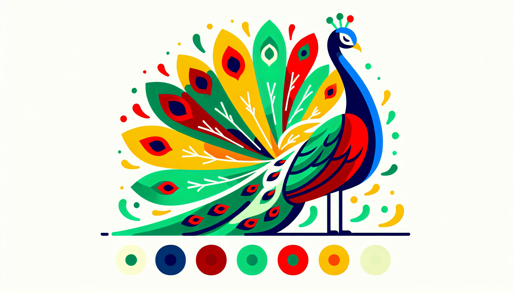 Peacock in flat illustration style and white background, red #f47574, green #88c7a8, yellow #fcc44b, and blue #645bc8 colors.