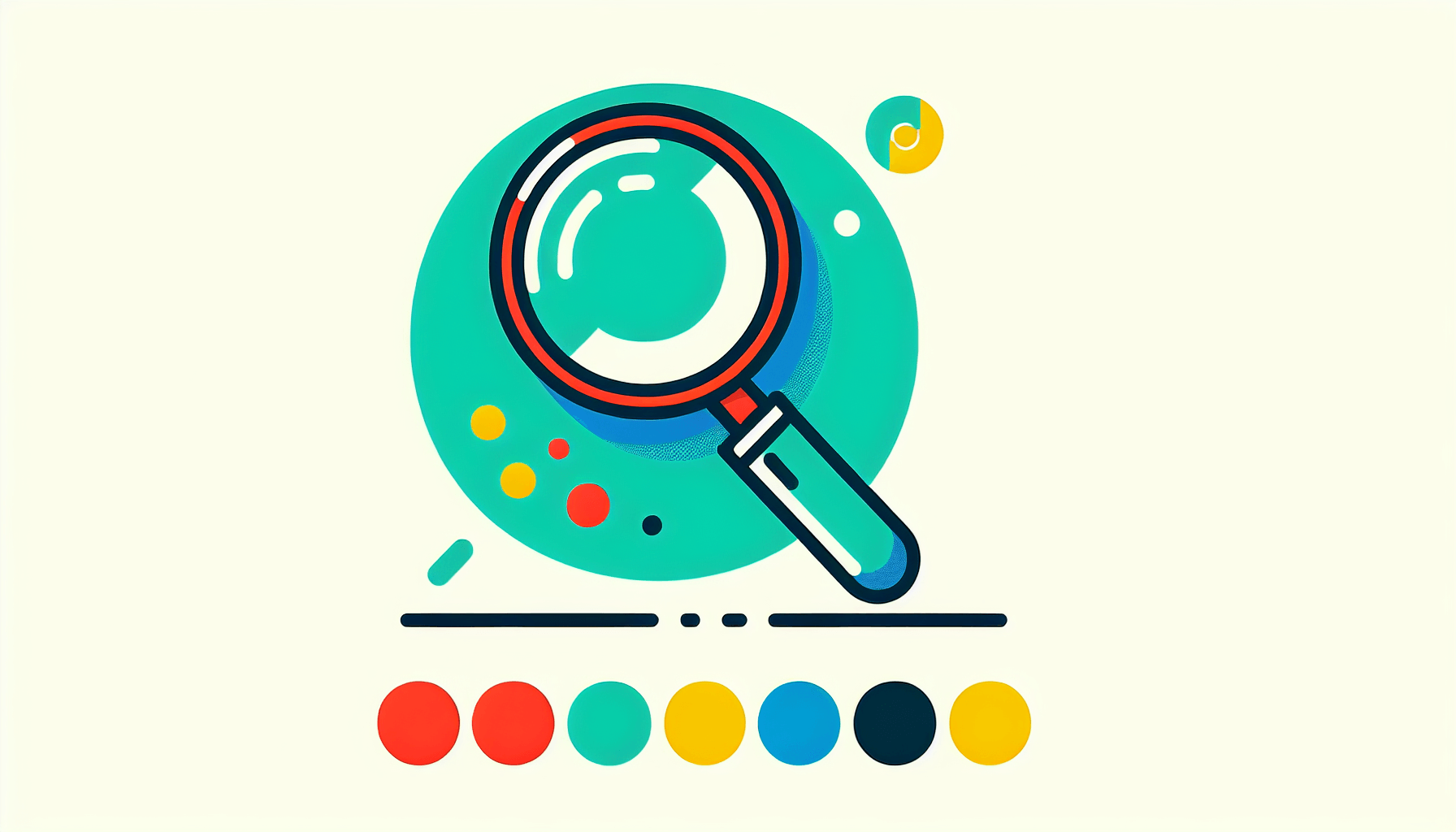Magnifying glass in flat illustration style and white background, red #f47574, green #88c7a8, yellow #fcc44b, and blue #645bc8 colors.