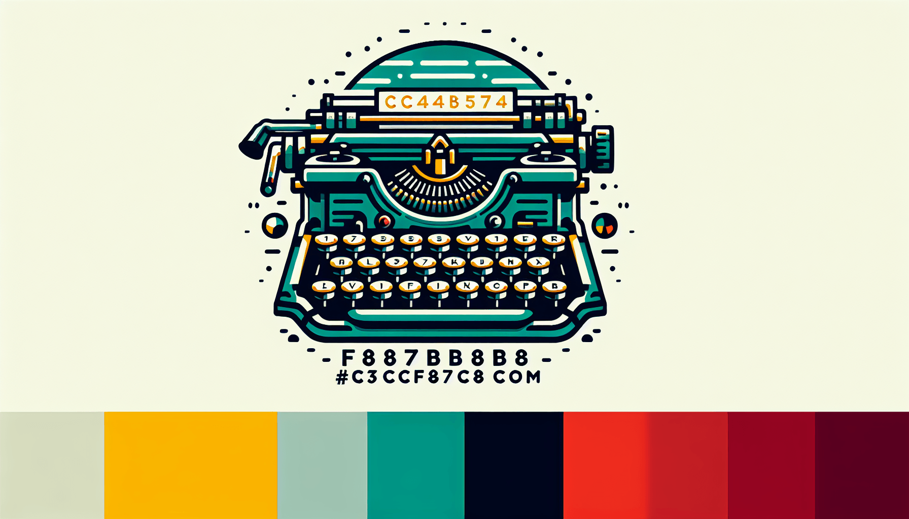 Typewriter in flat illustration style and white background, red #f47574, green #88c7a8, yellow #fcc44b, and blue #645bc8 colors.
