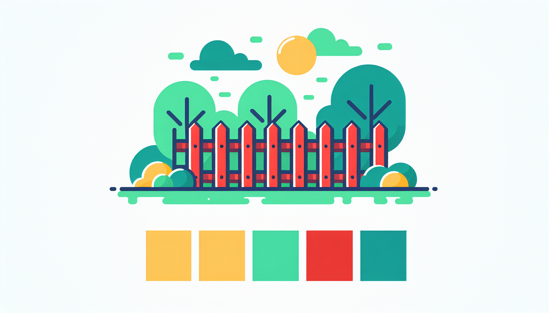 Fences in flat illustration style and white background, red #f47574, green #88c7a8, yellow #fcc44b, and blue #645bc8 colors.