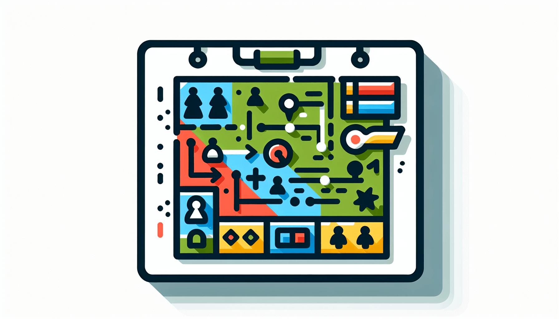 Game plan in flat illustration style and white background, red #f47574, green #88c7a8, yellow #fcc44b, and blue #645bc8 colors.