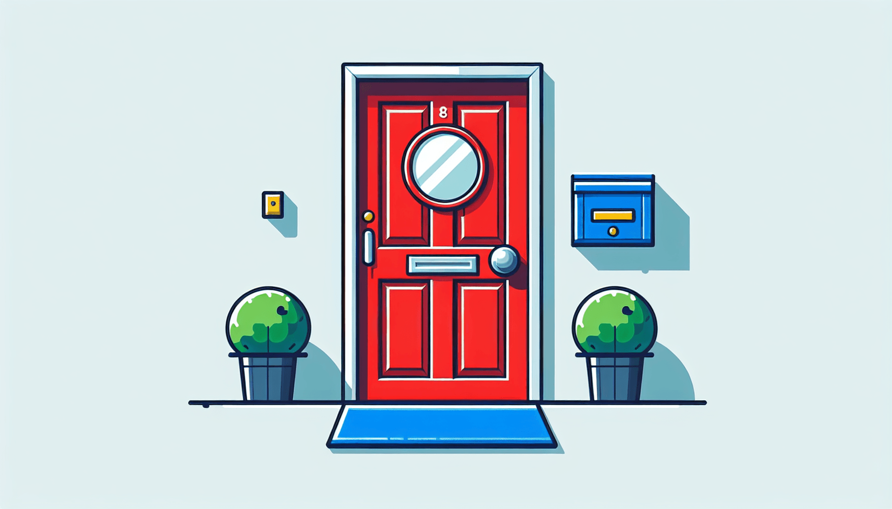 Door in flat illustration style and white background, red #f47574, green #88c7a8, yellow #fcc44b, and blue #645bc8 colors.